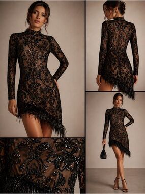 SILQUEE  Black Sheer Sequin Mini Dress XS Feather Hem Party Dress